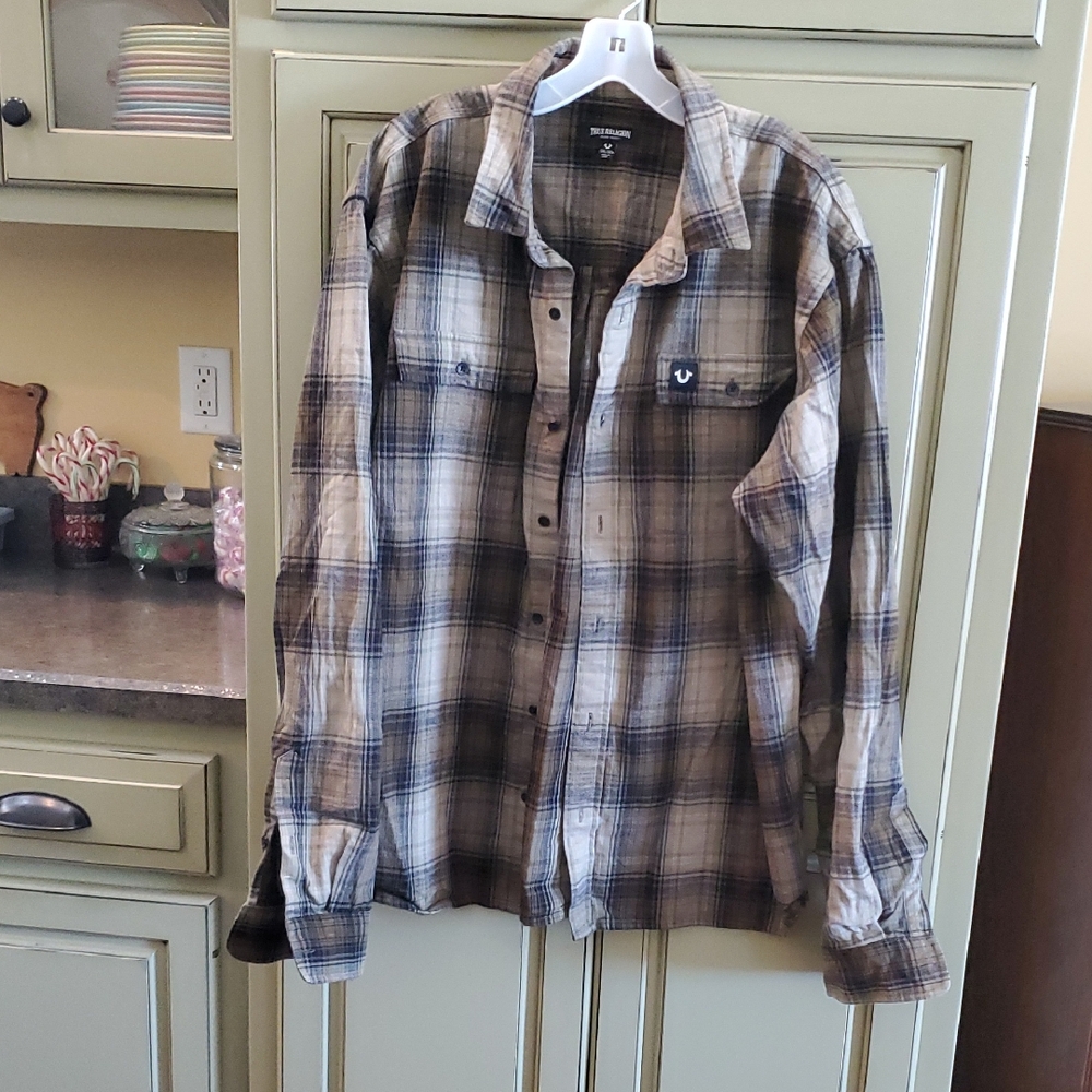 True Religion Plaid Casual Button Down Shirt - Brown and Blue